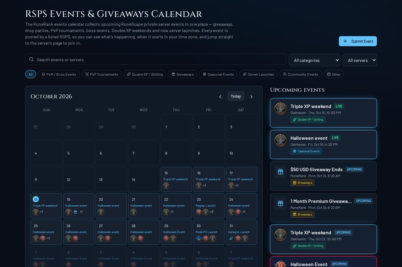 RuneRank October 2026 community calendar showing real Oakhaven events, giveaway deadlines and upcoming server launches