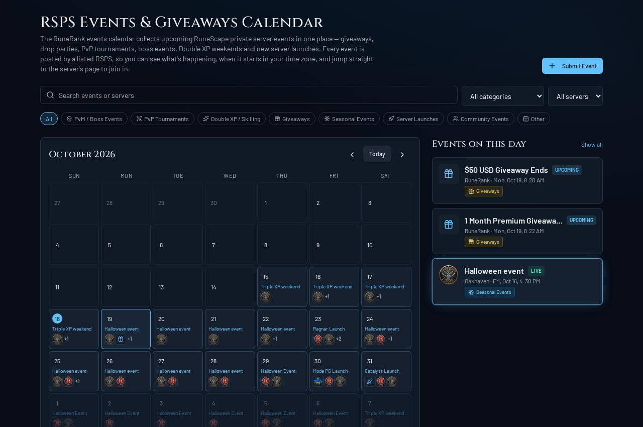 Real RuneRank calendar captured on 18 October 2026: selecting 19 October shows two giveaway deadlines and Oakhaven’s Halloween event.